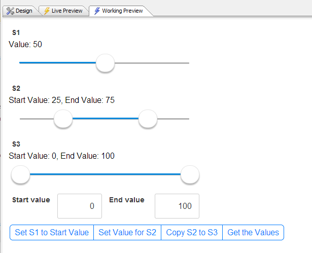 A UX component with three slider controls that demonstrates getting and setting Slider Control values.
